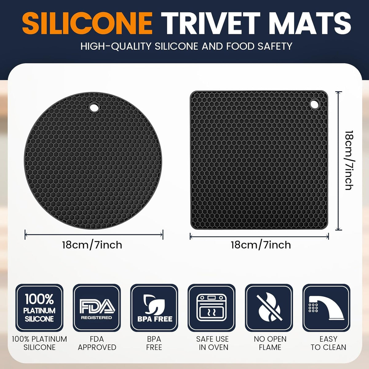 Silicone Trivet Mats 4 Heat Resistant Pot Holders Multipurpose Non-Slip Hot Pads for Kitchen Potholders, Drying mat, Jar Opener, Spoon Holder, Coaster.(Dark Grey)