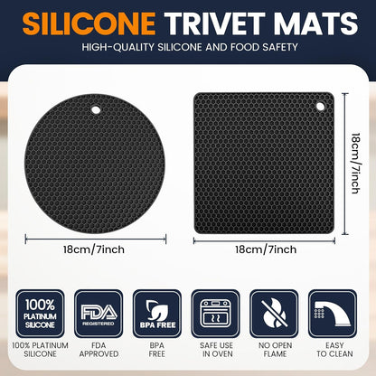 Silicone Trivet Mats 4 Heat Resistant Pot Holders Multipurpose Non-Slip Hot Pads for Kitchen Potholders, Drying mat, Jar Opener, Spoon Holder, Coaster.(Dark Grey)