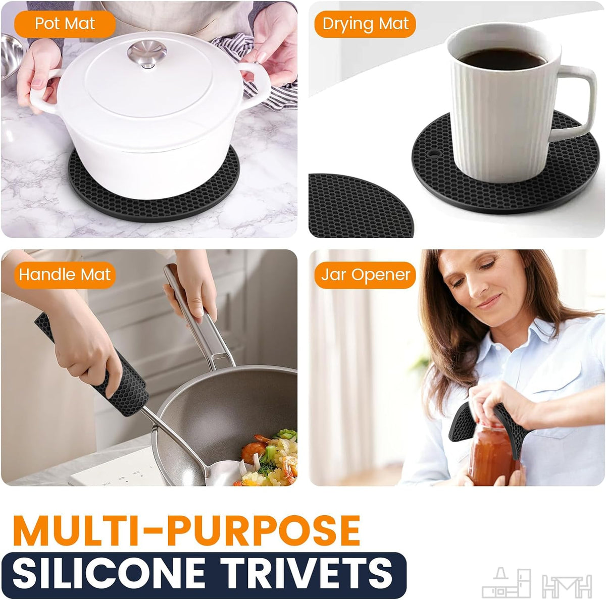 Silicone Trivet Mats 4 Heat Resistant Pot Holders Multipurpose Non-Slip Hot Pads for Kitchen Potholders, Drying mat, Jar Opener, Spoon Holder, Coaster.(Dark Grey)