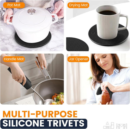 Silicone Trivet Mats 4 Heat Resistant Pot Holders Multipurpose Non-Slip Hot Pads for Kitchen Potholders, Drying mat, Jar Opener, Spoon Holder, Coaster.(Dark Grey)