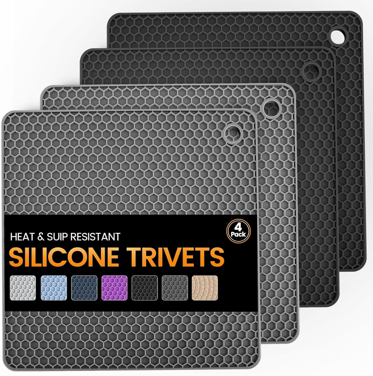 Silicone Trivet Mats 4 Heat Resistant Pot Holders Multipurpose Non-Slip Hot Pads for Kitchen Potholders, Drying mat, Jar Opener, Spoon Holder, Coaster.(Dark Grey)