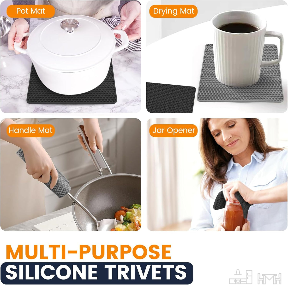 Silicone Trivet Mats 4 Heat Resistant Pot Holders Multipurpose Non-Slip Hot Pads for Kitchen Potholders, Drying mat, Jar Opener, Spoon Holder, Coaster.(Dark Grey)