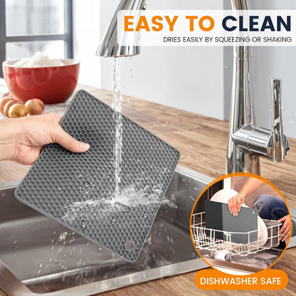 Silicone Trivet Mats 4 Heat Resistant Pot Holders Multipurpose Non-Slip Hot Pads for Kitchen Potholders, Drying mat, Jar Opener, Spoon Holder, Coaster.(Dark Grey)