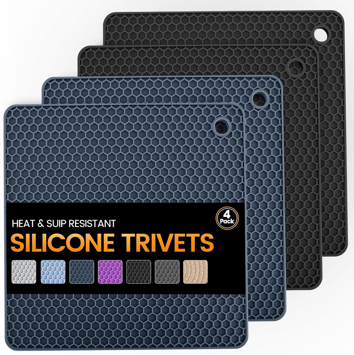 Silicone Trivet Mats 4 Heat Resistant Pot Holders Multipurpose Non-Slip Hot Pads for Kitchen Potholders, Drying mat, Jar Opener, Spoon Holder, Coaster.(Dark Grey)