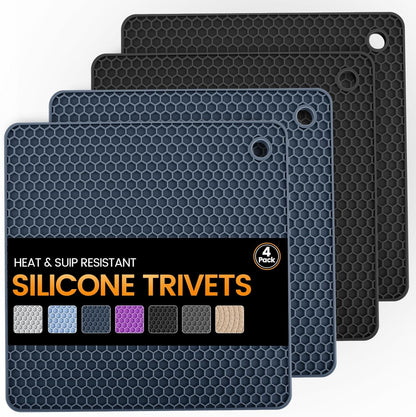 Silicone Trivet Mats 4 Heat Resistant Pot Holders Multipurpose Non-Slip Hot Pads for Kitchen Potholders, Drying mat, Jar Opener, Spoon Holder, Coaster.(Dark Grey)