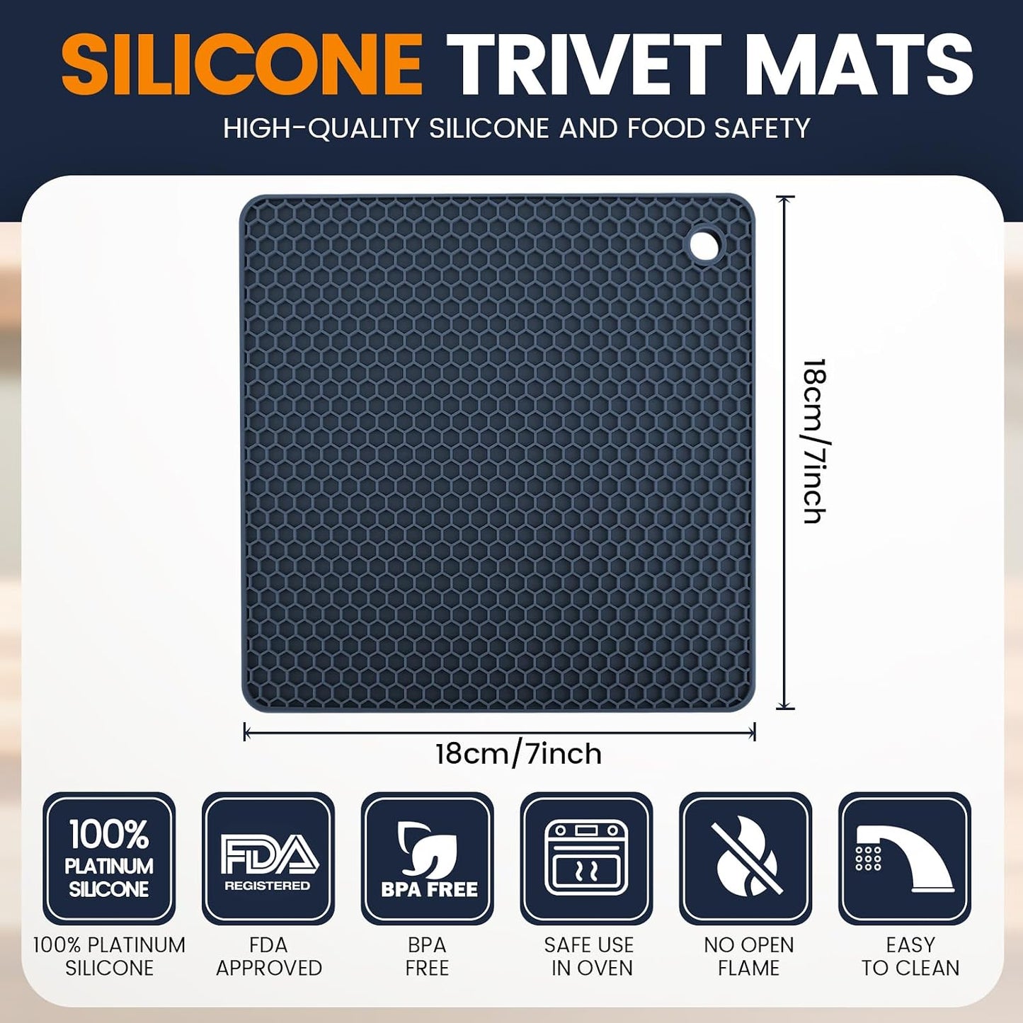 Silicone Trivet Mats 4 Heat Resistant Pot Holders Multipurpose Non-Slip Hot Pads for Kitchen Potholders, Drying mat, Jar Opener, Spoon Holder, Coaster.(Dark Grey)