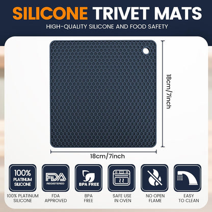 Silicone Trivet Mats 4 Heat Resistant Pot Holders Multipurpose Non-Slip Hot Pads for Kitchen Potholders, Drying mat, Jar Opener, Spoon Holder, Coaster.(Dark Grey)
