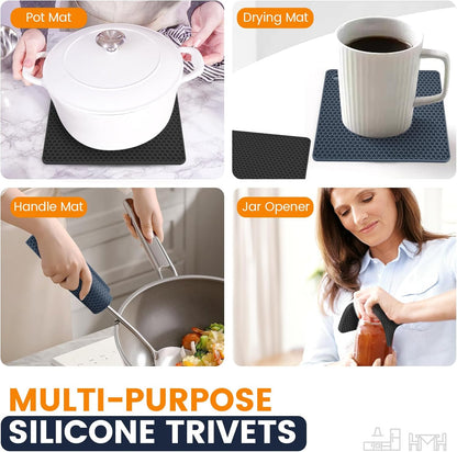 Silicone Trivet Mats 4 Heat Resistant Pot Holders Multipurpose Non-Slip Hot Pads for Kitchen Potholders, Drying mat, Jar Opener, Spoon Holder, Coaster.(Dark Grey)