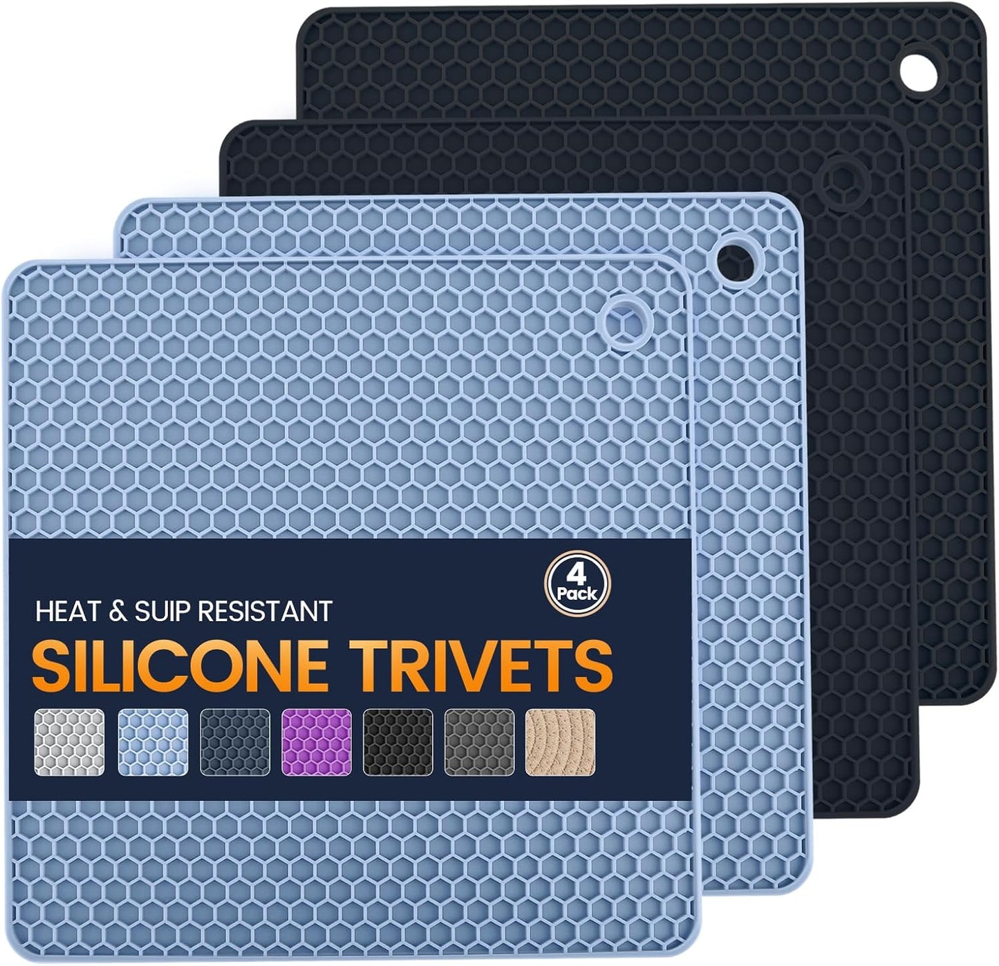Silicone Trivet Mats 4 Heat Resistant Pot Holders Multipurpose Non-Slip Hot Pads for Kitchen Potholders, Drying mat, Jar Opener, Spoon Holder, Coaster.(Dark Grey)