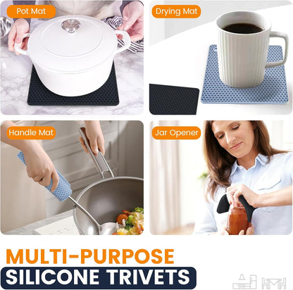 Silicone Trivet Mats 4 Heat Resistant Pot Holders Multipurpose Non-Slip Hot Pads for Kitchen Potholders, Drying mat, Jar Opener, Spoon Holder, Coaster.(Dark Grey)