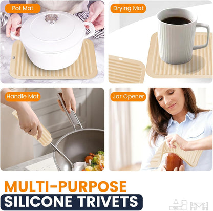 Silicone Trivet Mats 4 Heat Resistant Pot Holders Multipurpose Non-Slip Hot Pads for Kitchen Potholders, Drying mat, Jar Opener, Spoon Holder, Coaster.(Dark Grey)