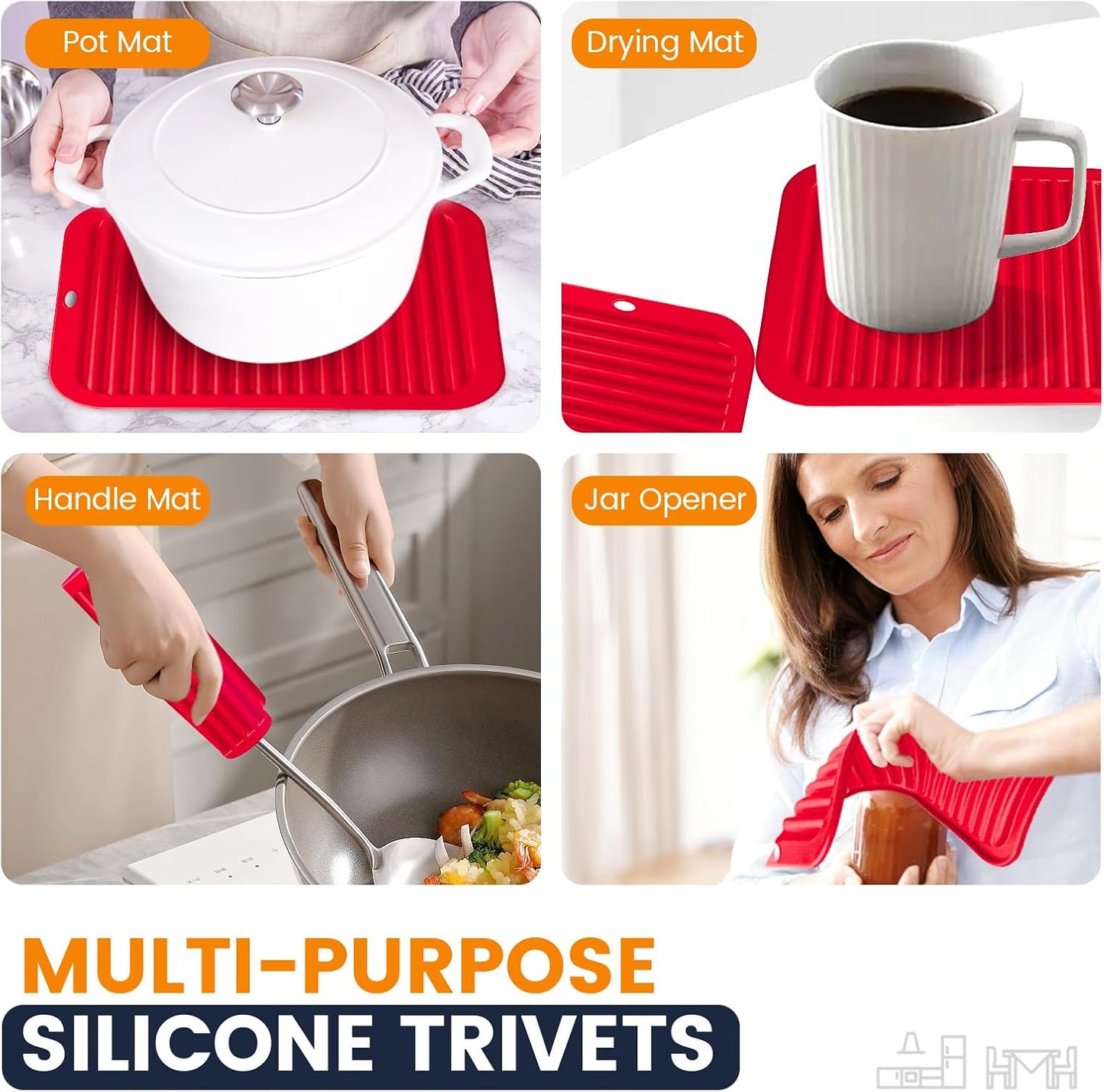 Silicone Trivet Mats 4 Heat Resistant Pot Holders Multipurpose Non-Slip Hot Pads for Kitchen Potholders, Drying mat, Jar Opener, Spoon Holder, Coaster.(Dark Grey)