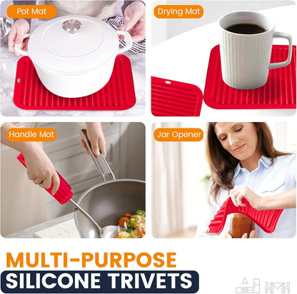 Silicone Trivet Mats 4 Heat Resistant Pot Holders Multipurpose Non-Slip Hot Pads for Kitchen Potholders, Drying mat, Jar Opener, Spoon Holder, Coaster.(Dark Grey)
