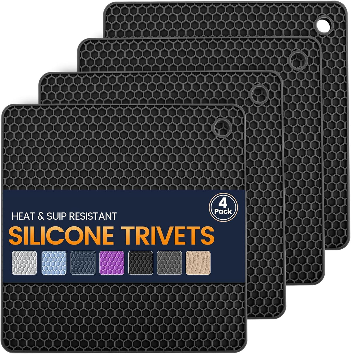 Silicone Trivet Mats 4 Heat Resistant Pot Holders Multipurpose Non-Slip Hot Pads for Kitchen Potholders, Drying mat, Jar Opener, Spoon Holder, Coaster.(Dark Grey)
