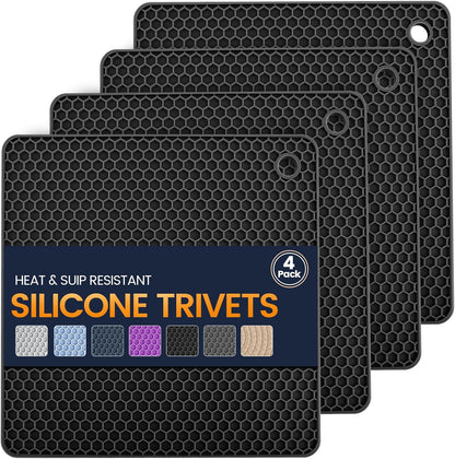 Silicone Trivet Mats 4 Heat Resistant Pot Holders Multipurpose Non-Slip Hot Pads for Kitchen Potholders, Drying mat, Jar Opener, Spoon Holder, Coaster.(Dark Grey)