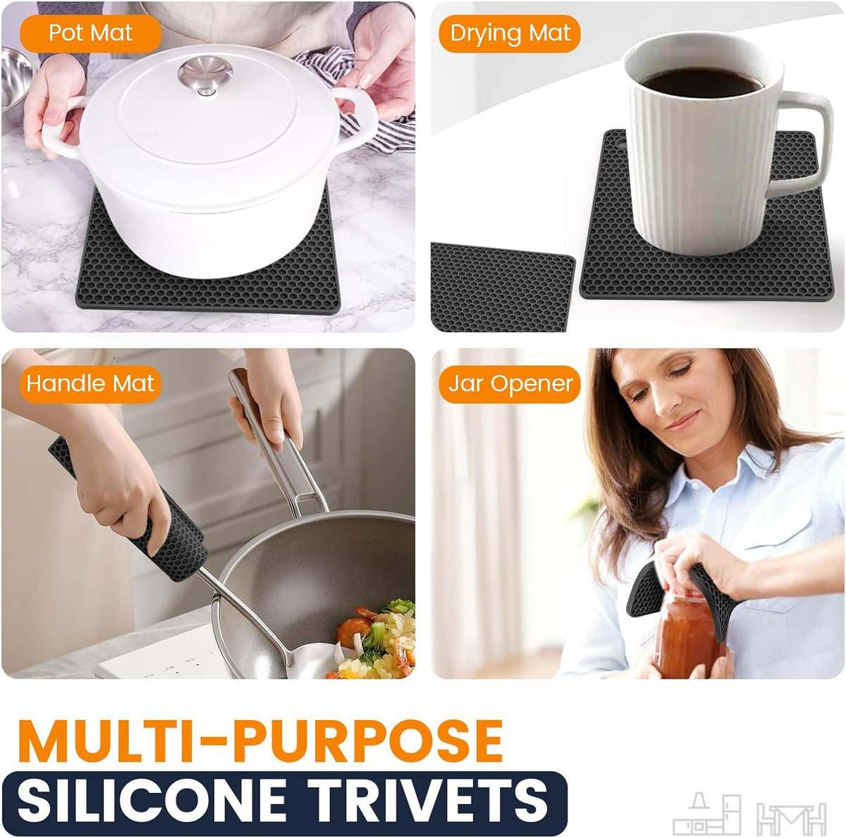 Silicone Trivet Mats 4 Heat Resistant Pot Holders Multipurpose Non-Slip Hot Pads for Kitchen Potholders, Drying mat, Jar Opener, Spoon Holder, Coaster.(Dark Grey)