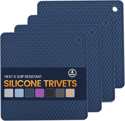 Silicone Trivet Mats 4 Heat Resistant Pot Holders Multipurpose Non-Slip Hot Pads for Kitchen Potholders, Drying mat, Jar Opener, Spoon Holder, Coaster.(Dark Grey)