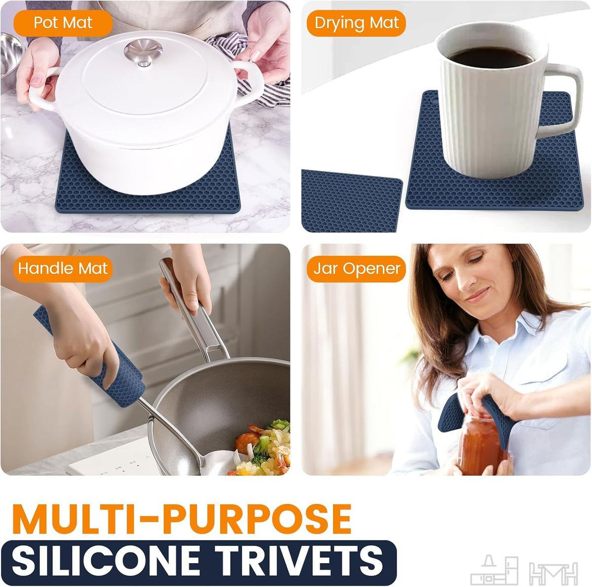 Silicone Trivet Mats 4 Heat Resistant Pot Holders Multipurpose Non-Slip Hot Pads for Kitchen Potholders, Drying mat, Jar Opener, Spoon Holder, Coaster.(Dark Grey)