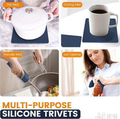 Silicone Trivet Mats 4 Heat Resistant Pot Holders Multipurpose Non-Slip Hot Pads for Kitchen Potholders, Drying mat, Jar Opener, Spoon Holder, Coaster.(Dark Grey)