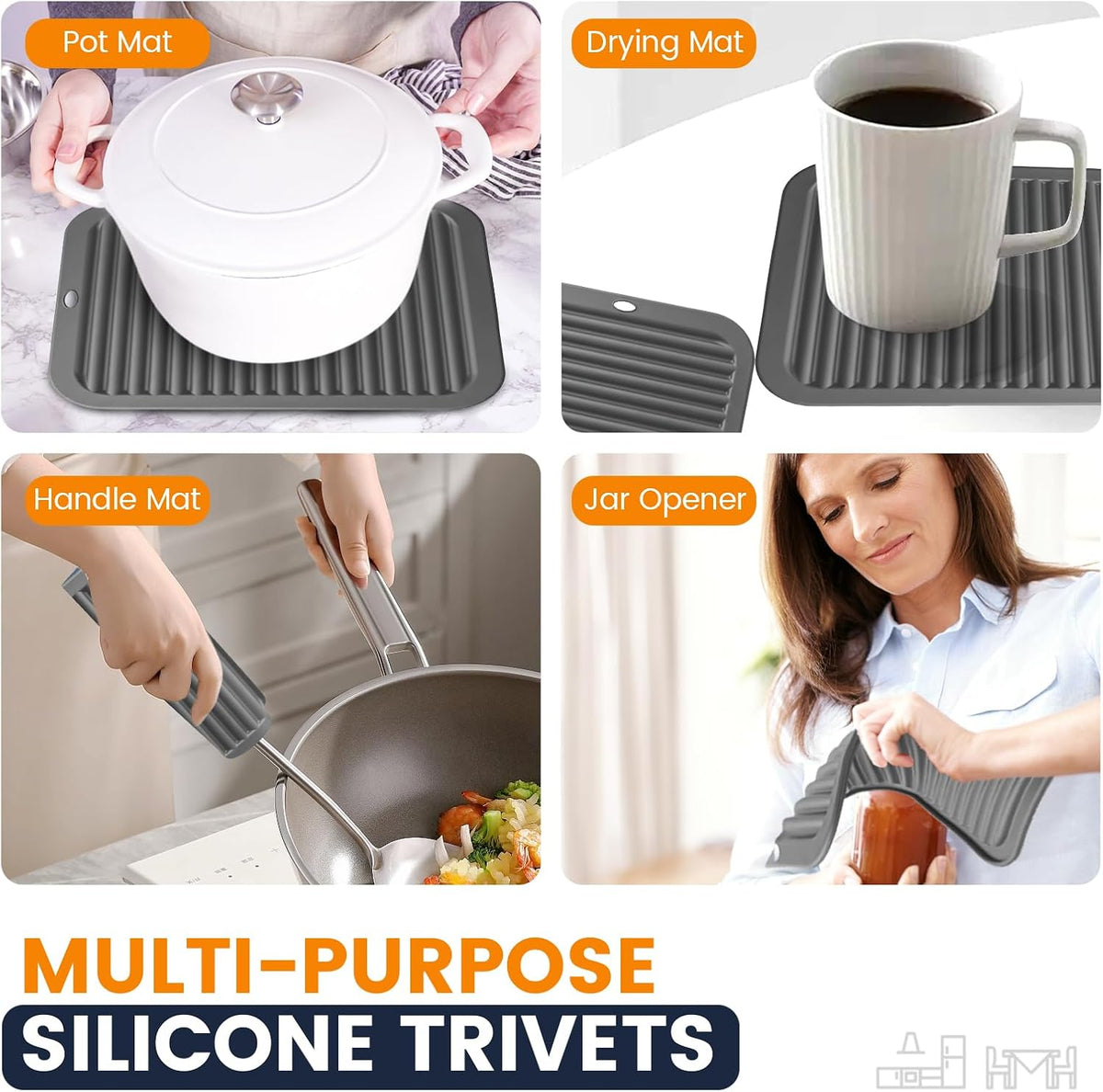 Silicone Trivet Mats 4 Heat Resistant Pot Holders Multipurpose Non-Slip Hot Pads for Kitchen Potholders, Drying mat, Jar Opener, Spoon Holder, Coaster.(Dark Grey)