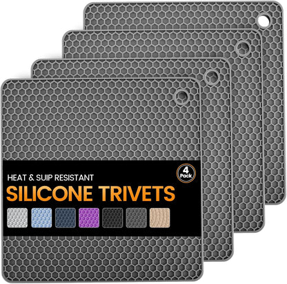 Silicone Trivet Mats 4 Heat Resistant Pot Holders Multipurpose Non-Slip Hot Pads for Kitchen Potholders, Drying mat, Jar Opener, Spoon Holder, Coaster.(Dark Grey)