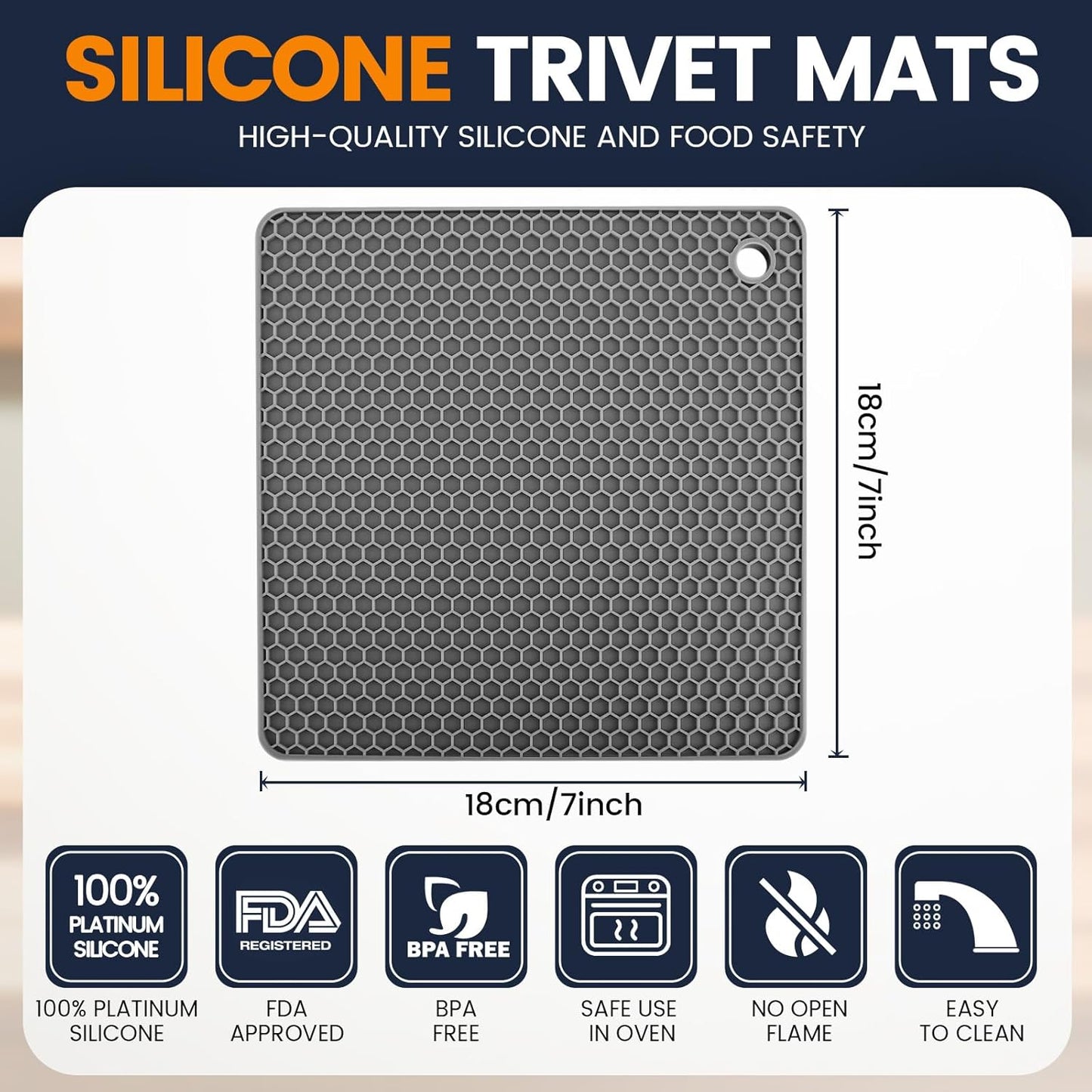 Silicone Trivet Mats 4 Heat Resistant Pot Holders Multipurpose Non-Slip Hot Pads for Kitchen Potholders, Drying mat, Jar Opener, Spoon Holder, Coaster.(Dark Grey)
