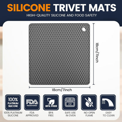 Silicone Trivet Mats 4 Heat Resistant Pot Holders Multipurpose Non-Slip Hot Pads for Kitchen Potholders, Drying mat, Jar Opener, Spoon Holder, Coaster.(Dark Grey)