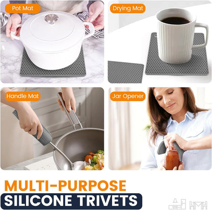 Silicone Trivet Mats 4 Heat Resistant Pot Holders Multipurpose Non-Slip Hot Pads for Kitchen Potholders, Drying mat, Jar Opener, Spoon Holder, Coaster.(Dark Grey)
