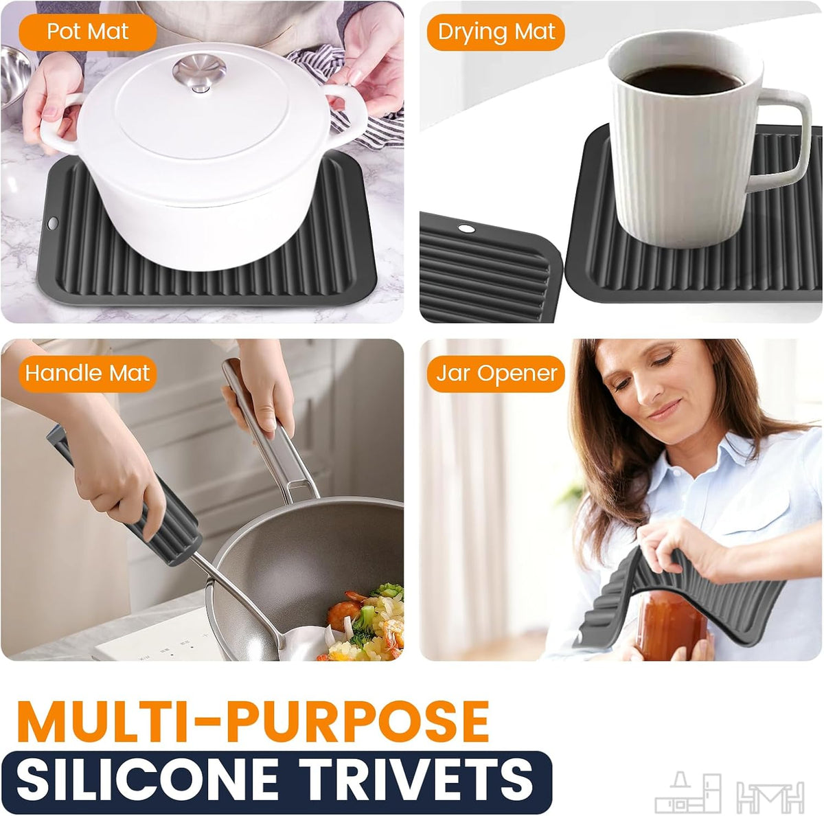 Silicone Trivet Mats 4 Heat Resistant Pot Holders Multipurpose Non-Slip Hot Pads for Kitchen Potholders, Drying mat, Jar Opener, Spoon Holder, Coaster.(Dark Grey)