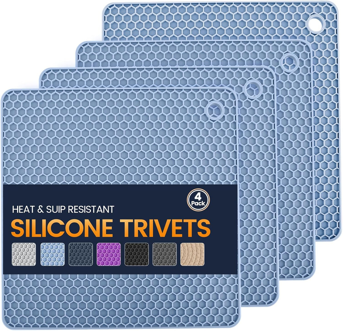 Silicone Trivet Mats 4 Heat Resistant Pot Holders Multipurpose Non-Slip Hot Pads for Kitchen Potholders, Drying mat, Jar Opener, Spoon Holder, Coaster.(Dark Grey)