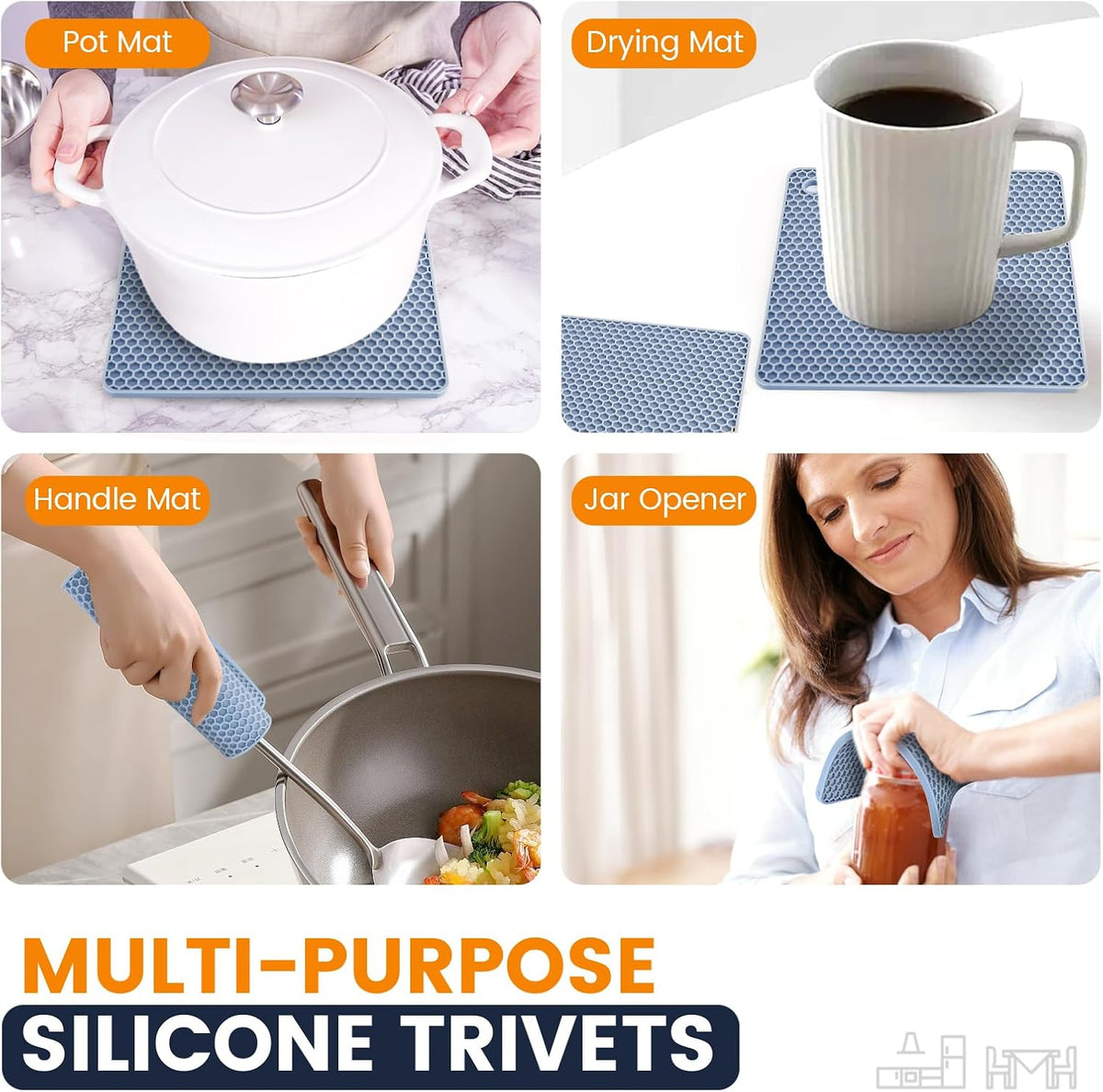 Silicone Trivet Mats 4 Heat Resistant Pot Holders Multipurpose Non-Slip Hot Pads for Kitchen Potholders, Drying mat, Jar Opener, Spoon Holder, Coaster.(Dark Grey)