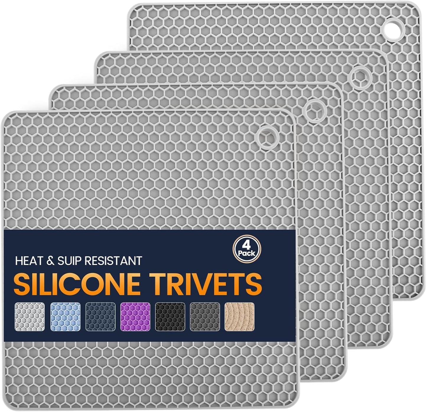 Silicone Trivet Mats 4 Heat Resistant Pot Holders Multipurpose Non-Slip Hot Pads for Kitchen Potholders, Drying mat, Jar Opener, Spoon Holder, Coaster.(Dark Grey)