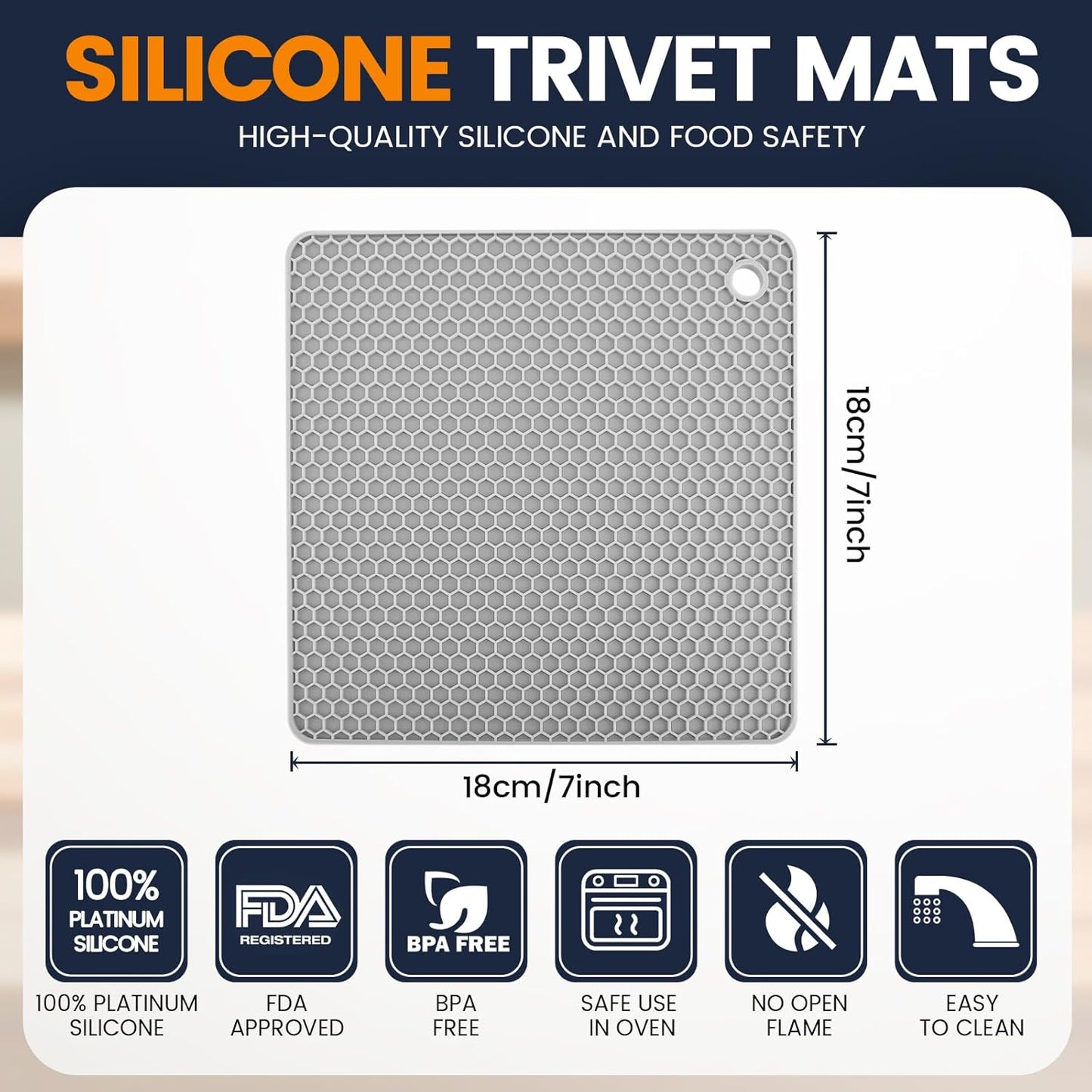 Silicone Trivet Mats 4 Heat Resistant Pot Holders Multipurpose Non-Slip Hot Pads for Kitchen Potholders, Drying mat, Jar Opener, Spoon Holder, Coaster.(Dark Grey)