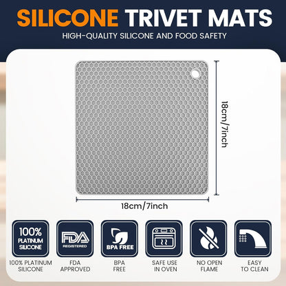 Silicone Trivet Mats 4 Heat Resistant Pot Holders Multipurpose Non-Slip Hot Pads for Kitchen Potholders, Drying mat, Jar Opener, Spoon Holder, Coaster.(Dark Grey)