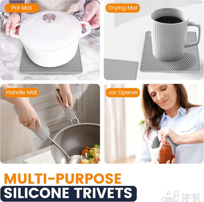 Silicone Trivet Mats 4 Heat Resistant Pot Holders Multipurpose Non-Slip Hot Pads for Kitchen Potholders, Drying mat, Jar Opener, Spoon Holder, Coaster.(Dark Grey)