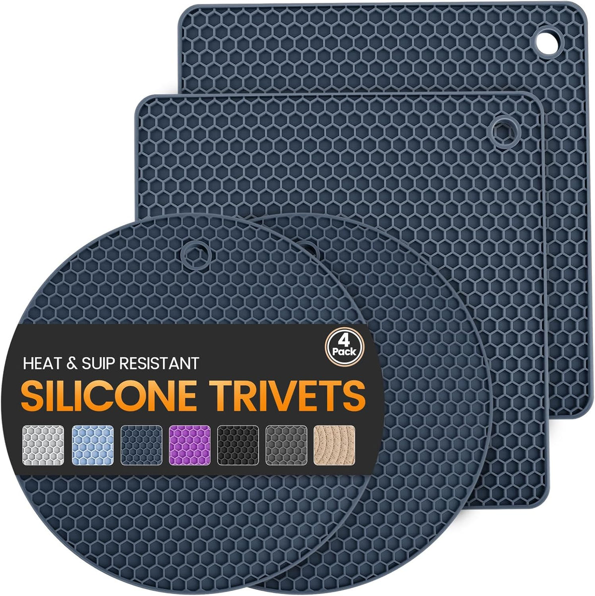 Silicone Trivet Mats 4 Heat Resistant Pot Holders Multipurpose Non-Slip Hot Pads for Kitchen Potholders, Drying mat, Jar Opener, Spoon Holder, Coaster.(Dark Grey)
