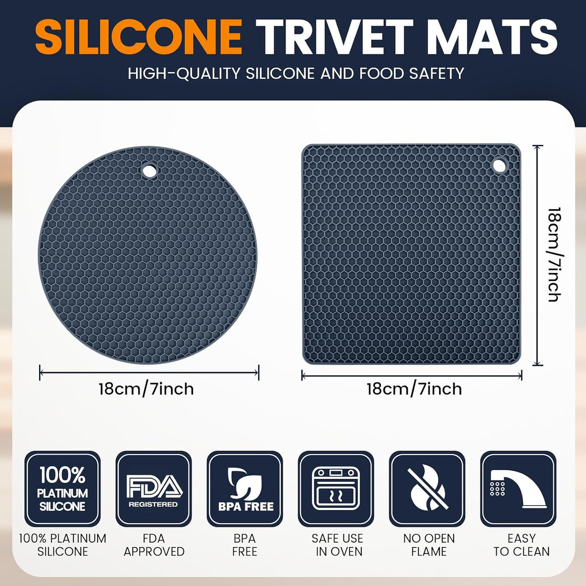 Silicone Trivet Mats 4 Heat Resistant Pot Holders Multipurpose Non-Slip Hot Pads for Kitchen Potholders, Drying mat, Jar Opener, Spoon Holder, Coaster.(Dark Grey)