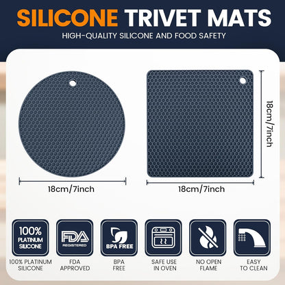 Silicone Trivet Mats 4 Heat Resistant Pot Holders Multipurpose Non-Slip Hot Pads for Kitchen Potholders, Drying mat, Jar Opener, Spoon Holder, Coaster.(Dark Grey)