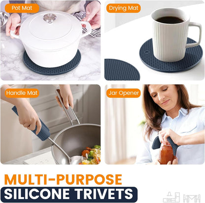 Silicone Trivet Mats 4 Heat Resistant Pot Holders Multipurpose Non-Slip Hot Pads for Kitchen Potholders, Drying mat, Jar Opener, Spoon Holder, Coaster.(Dark Grey)