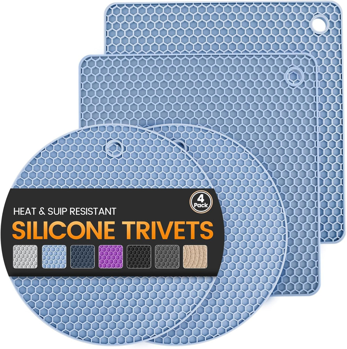 Silicone Trivet Mats 4 Heat Resistant Pot Holders Multipurpose Non-Slip Hot Pads for Kitchen Potholders, Drying mat, Jar Opener, Spoon Holder, Coaster.(Dark Grey)