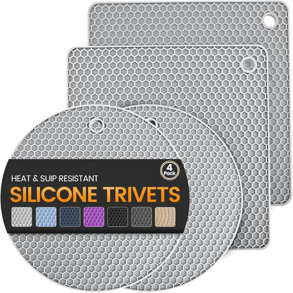 Silicone Trivet Mats 4 Heat Resistant Pot Holders Multipurpose Non-Slip Hot Pads for Kitchen Potholders, Drying mat, Jar Opener, Spoon Holder, Coaster.(Dark Grey)