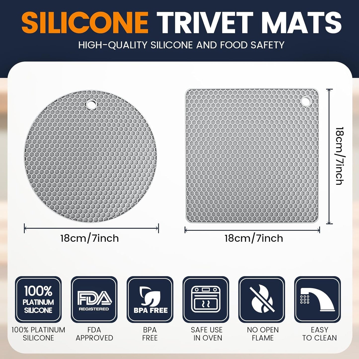 Silicone Trivet Mats 4 Heat Resistant Pot Holders Multipurpose Non-Slip Hot Pads for Kitchen Potholders, Drying mat, Jar Opener, Spoon Holder, Coaster.(Dark Grey)