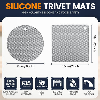 Silicone Trivet Mats 4 Heat Resistant Pot Holders Multipurpose Non-Slip Hot Pads for Kitchen Potholders, Drying mat, Jar Opener, Spoon Holder, Coaster.(Dark Grey)