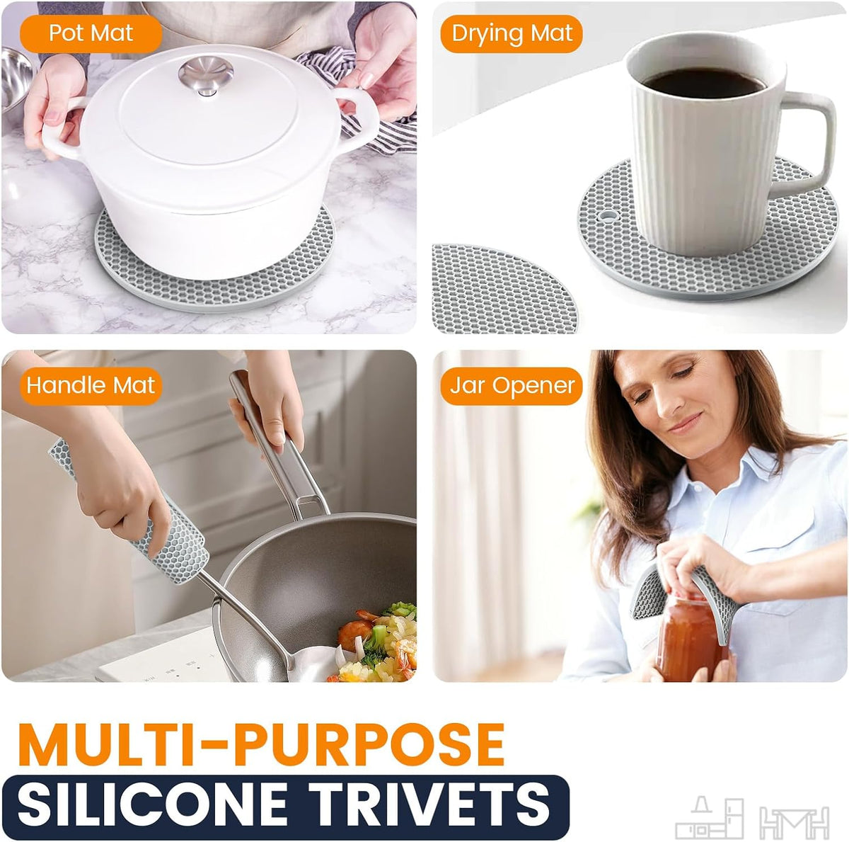 Silicone Trivet Mats 4 Heat Resistant Pot Holders Multipurpose Non-Slip Hot Pads for Kitchen Potholders, Drying mat, Jar Opener, Spoon Holder, Coaster.(Dark Grey)