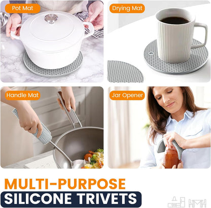 Silicone Trivet Mats 4 Heat Resistant Pot Holders Multipurpose Non-Slip Hot Pads for Kitchen Potholders, Drying mat, Jar Opener, Spoon Holder, Coaster.(Dark Grey)