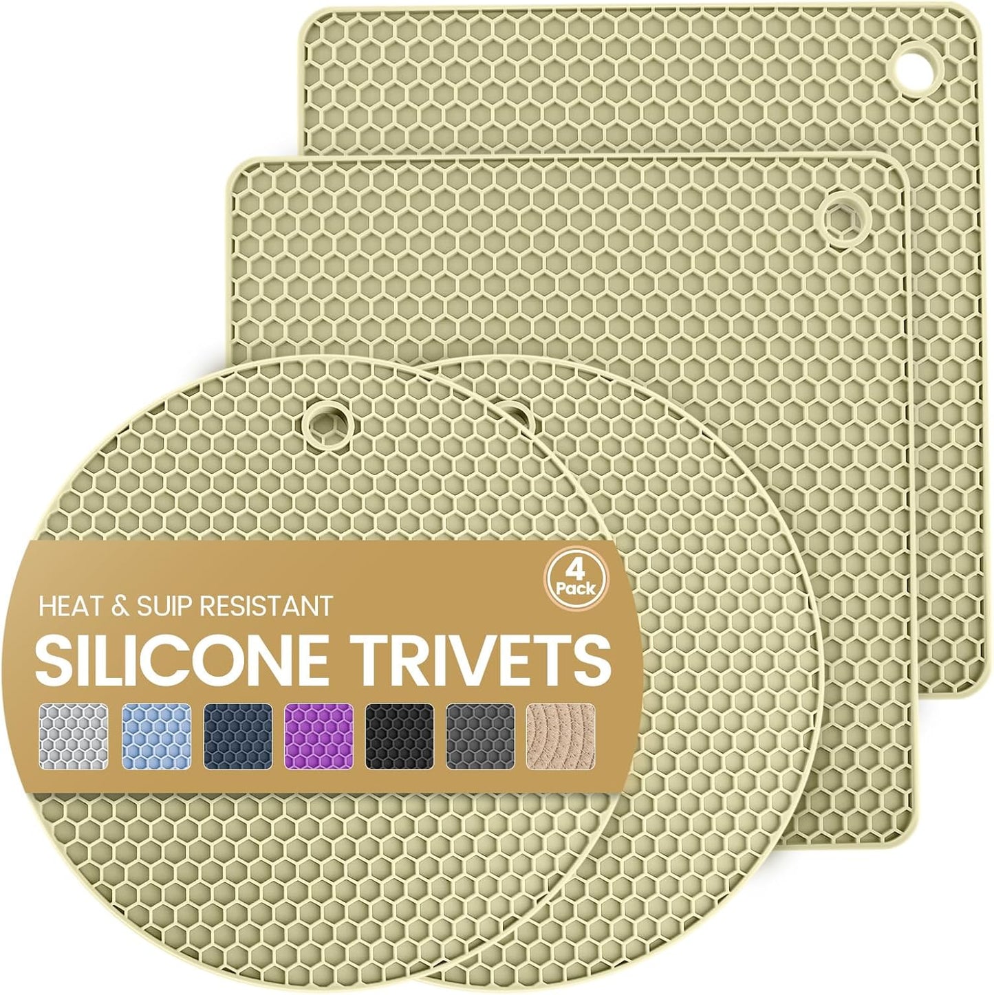 Silicone Trivet Mats 4 Heat Resistant Pot Holders Multipurpose Non-Slip Hot Pads for Kitchen Potholders, Drying mat, Jar Opener, Spoon Holder, Coaster.(Dark Grey)
