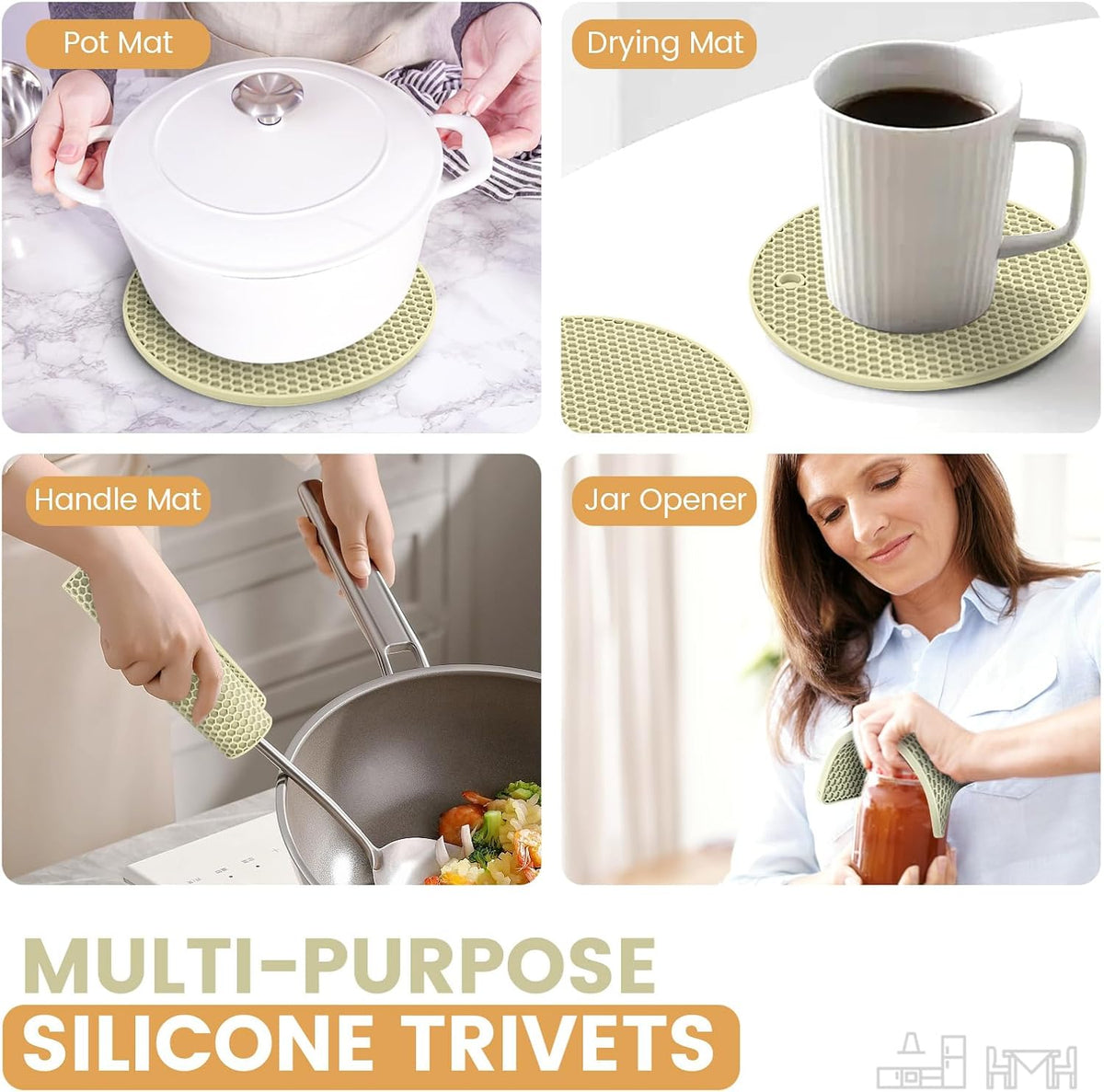 Silicone Trivet Mats 4 Heat Resistant Pot Holders Multipurpose Non-Slip Hot Pads for Kitchen Potholders, Drying mat, Jar Opener, Spoon Holder, Coaster.(Dark Grey)