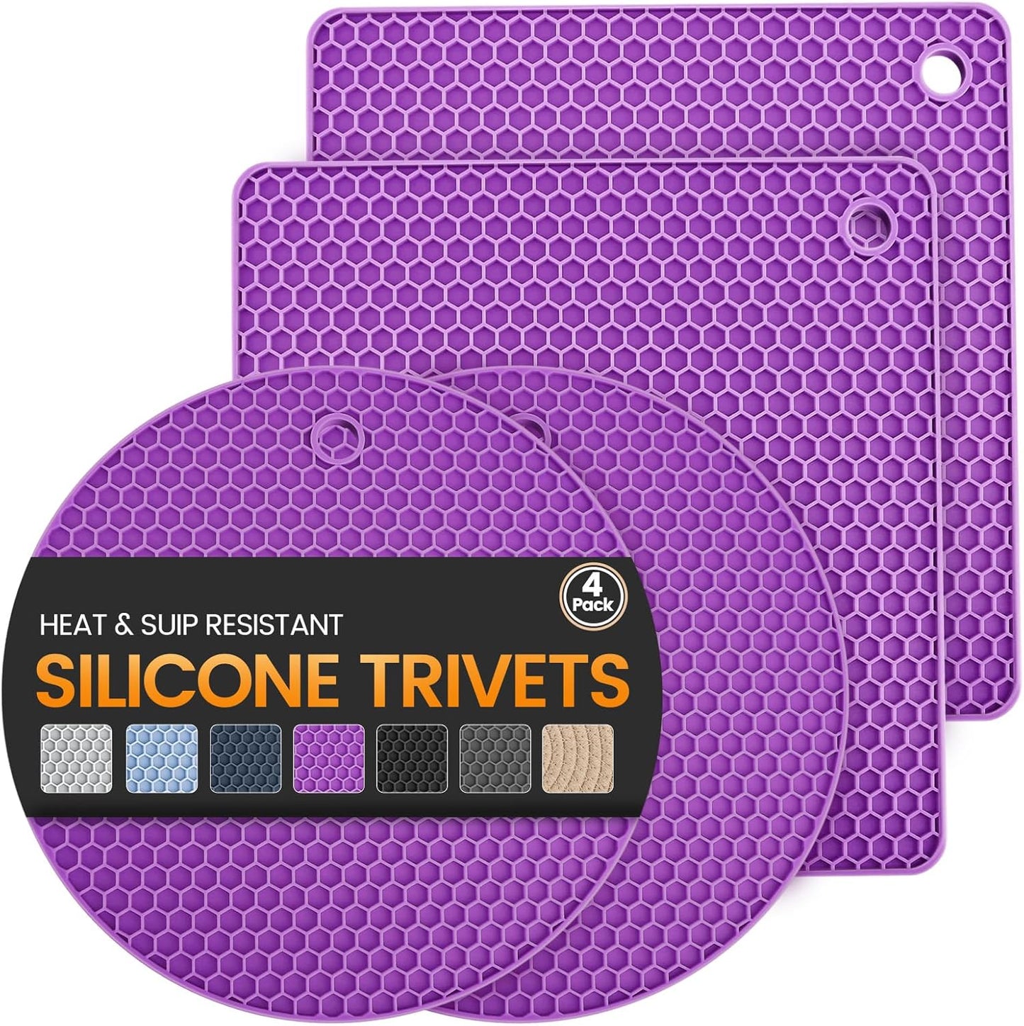 Silicone Trivet Mats 4 Heat Resistant Pot Holders Multipurpose Non-Slip Hot Pads for Kitchen Potholders, Drying mat, Jar Opener, Spoon Holder, Coaster.(Dark Grey)