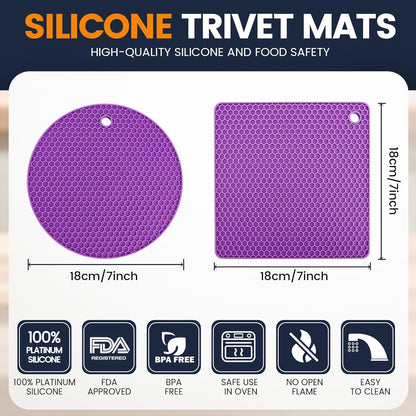 Silicone Trivet Mats 4 Heat Resistant Pot Holders Multipurpose Non-Slip Hot Pads for Kitchen Potholders, Drying mat, Jar Opener, Spoon Holder, Coaster.(Dark Grey)