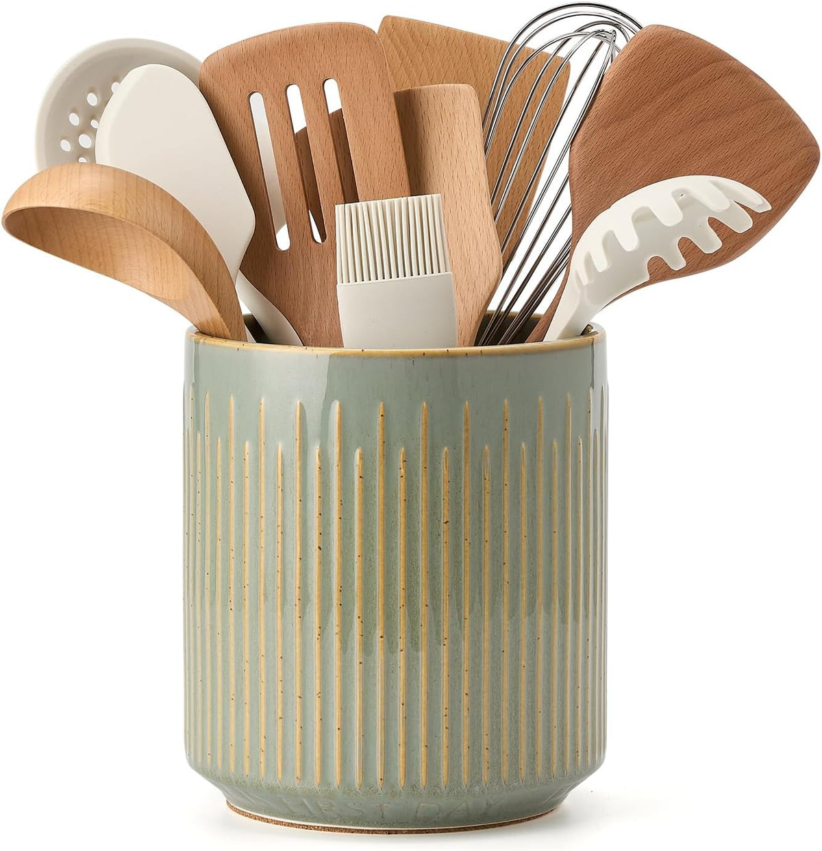 JIEMEI HOME Kitchen Utensil Holder, Ceramic Stable Utensil Crock for Countertop, 7.2" Large Utensil Organizer with Cork Mat, Removable Bamboo Divider for Kitchen Décor and Accessories, Wild Sage Earth